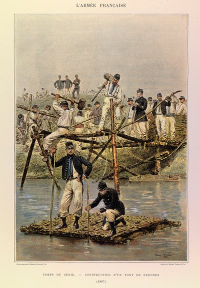 Jules Richard kapitány francia hadseregének típusai és egyenruhái, illusztrálta Edouard Detaille (1848-1912): Egy fascines híd építése 1887-ben, magángyűjtemény. alkotó: Jean Baptiste Edouard Detaille