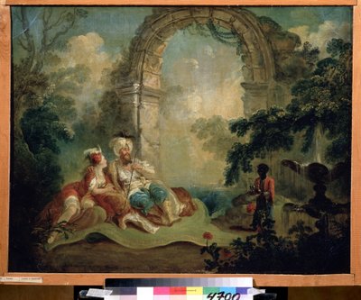 Orientalizmus: "Török pasa és odaliszk szőnyegen hever, fekete szolga szolgálja őket" (török ​​pasa és odaliszk) Jean Baptiste Hilaire festménye (1753-1822 körül) Pouchkine Múzeum, Moszkva alkotó: Jean-Baptiste Hilaire