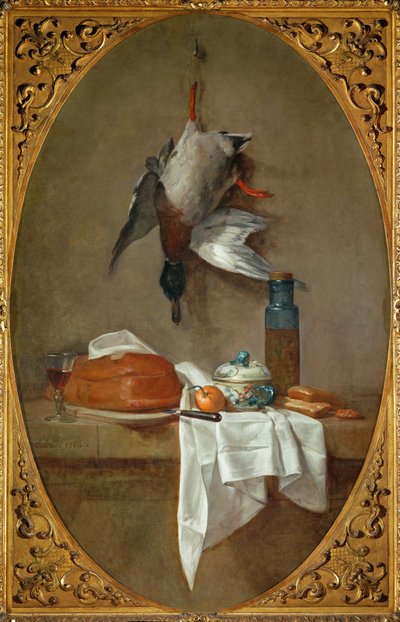 Canard moDuck lógott a lábánál, pite, tál és cserép olajbogyóval (festmény vászonra) alkotó: Jean-Baptiste Simeon Chardin