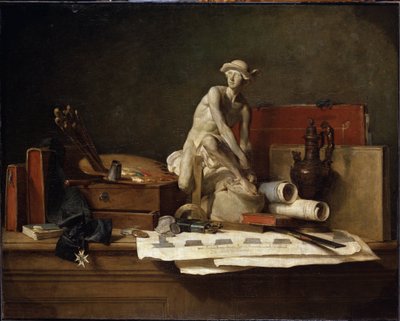 ""Csendélet a művészetek tulajdonságaival"" (Csendélet a művészetek tulajdonságaival) Merkúr szobor petasusszal, festői paletta, könyvek. Jean Baptiste Simeon Chardin (1699-1779) festménye, 112x140,5 cm-es Ermitázs Múzeum, Szentpétervár alkotó: Jean Baptiste Simeon Chardin