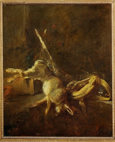 Két nyúl, vadászzsák és púderláda (festmény vászonra) alkotó: Jean-Baptiste Simeon Chardin
