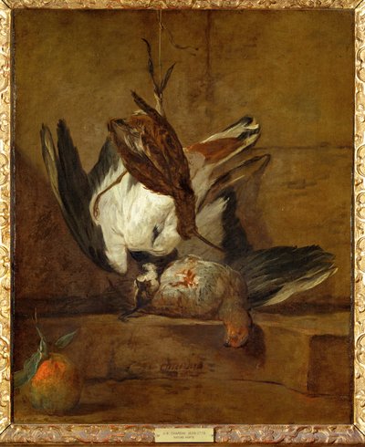 Vanneau huppe, perdrix grise, becasse et bigarde - huppoe, partridge (festmény, vászon) alkotó: Jean-Baptiste Simeon Chardin