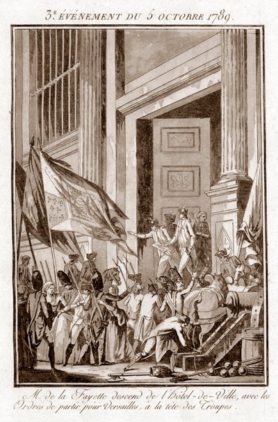 Francia forradalom – La Fayette elhagyja a párizsi városházát, és Versailles-ba utazik, október 5 alkotó: Jean Francois Janinet