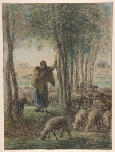 Pásztorlány és nyája a fák árnyékában alkotó: Jean-Francois Millet