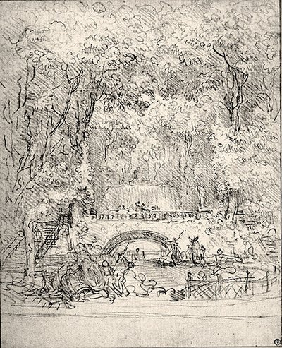 Kaszkád a kertben (kréta papíron) alkotó: Jean Honore Fragonard