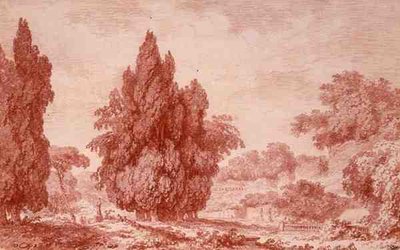 Kilátás a parkra (piros kréta papíron) alkotó: Jean Honore Fragonard