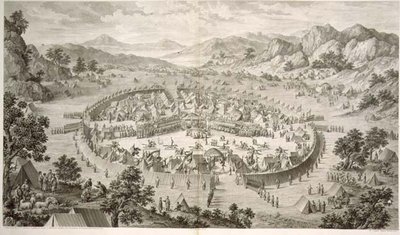 Tchao-Hoei 1758-ban gyakorlatokkal és katonai játékokkal foglalja el csapatait, 5. tábla Qianlong, a kínai császár hódításait ábrázoló nyomatsorozatról, Pierre Philippe Choffard (1730-1809) metszetével, 1772 (metszet) alkotó: Jean (d.1781) (after) Damascene