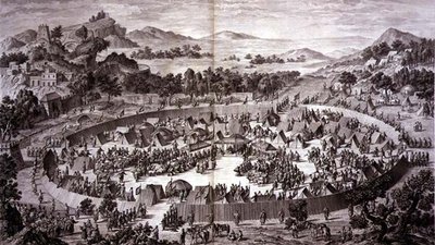 Tchao-Hoei a Yerechim falai alatti táborában 1759 júliusában átveszi a város és a tartomány lakóinak hódolatát, a Qianlong kínai császár hódításait ábrázoló nyomatsorozat 4. táblája, amelyet Pierre Philippe Cho metszett. alkotó: Jean (d.1781) (after) Damascene