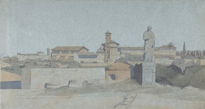 SS. Giovanni e Paolo, a Villa Matteiből nézve, Róma, . alkotó: Jean Achille Benouville