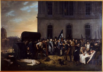 A júliusi áldozatok ideiglenes temetése a Louvre oszlopsor előtt alkotó: Jean Alphonse Roehn