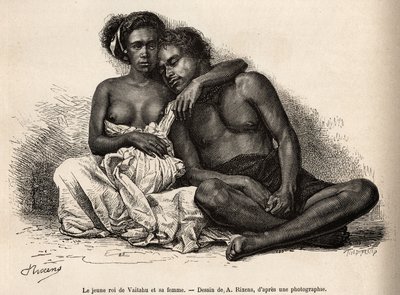 A Marquises-szigetek szigetvilágában, Tauata szigetén fekvő Vaitatu fiatal királya felesége karjai közé veszi magát, amelyet A. Rixens Csendes-óceáni emlékeit illusztráló rajza nyomán vésett 1872-1874-ben. A. Pailhes, egy hajó alkotó: Jean Andre Rixens