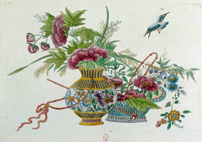 Virágok egy vázában. A rajz egy kínai vázából származik. Jean Antoine Fraisse festménye (XVIII. század) alkotó: Jean Antoine Fraisse