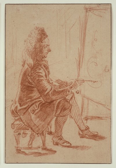 Egy parókás festő (valószínűleg Claude Audran), 1709 körül (vörös kréta, bordó papírra, krémszínű kartonra fektetve) alkotó: Jean Antoine Watteau