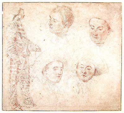 Egy karakter és négy fej (piros kréta papíron) alkotó: Jean Antoine Watteau