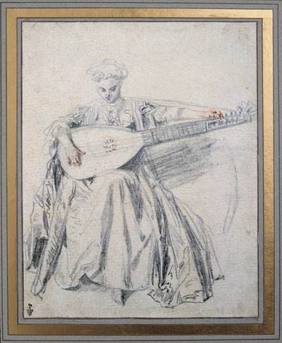 Egy lantos Ólombányát és vért rajzol Jean Antoine Watteau (1684-1721) 18. századi Chantilly múzeum Conde alkotó: Jean Antoine Watteau