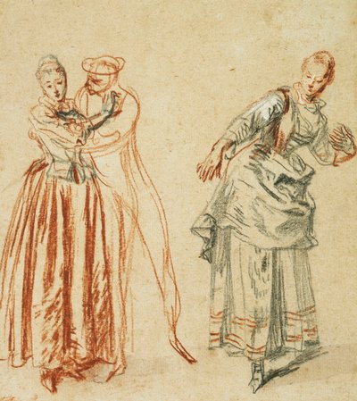 Jelenet a commedia dell"arte-ből: Egy lány, aki ellenáll egy komikus előrelépésének, és egy színésznő, aki lépést hajt végre, 1718 körül alkotó: Jean Antoine Watteau