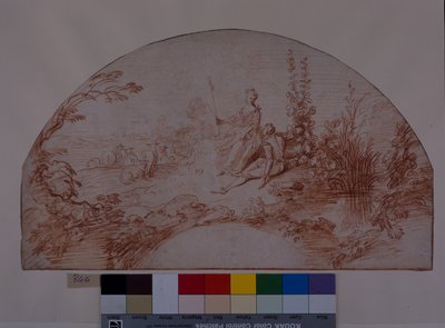 Egy pásztorlány ül a hattyújával (piros kréta fehér papíron) alkotó: Jean Antoine Watteau
