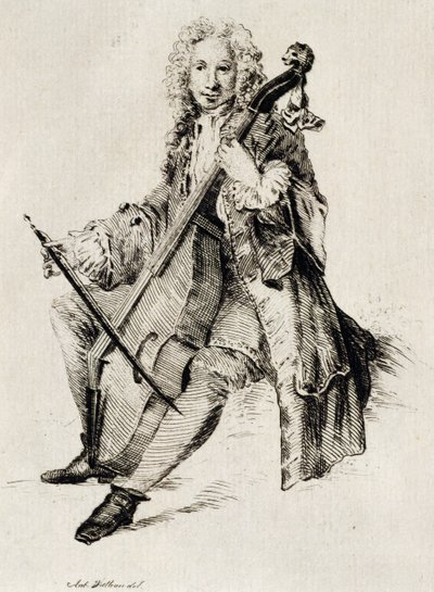 Csellóművész, Jean Antoine Watteau (1684-1721), metszet, Franciaország alkotó: Jean Antoine Watteau