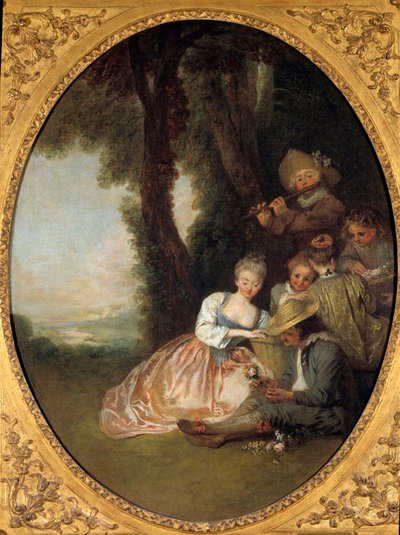 Champetre koncert vagy „” Az elvárt nyilatkozat””. Fiatal pár szerelmes elpirul. Jean Antoine Watteau (1684-1721) rokokó stílusú festménye alkotó: Jean Antoine Watteau