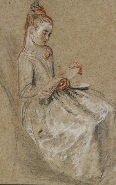 Lány ül egy zenés könyvvel az ölében (fekete, piros és fehér kréták durva textúrájú barna papíron) alkotó: Jean Antoine Watteau