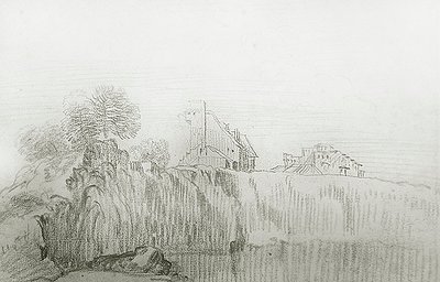 Ház egy meredek szikla szélén (piros kréta papíron) alkotó: Jean Antoine Watteau