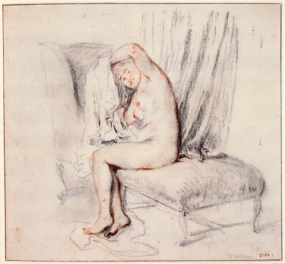 Meztelen nő ül egy heverőn, felveszi az ingét, 18. század. alkotó: Jean Antoine Watteau