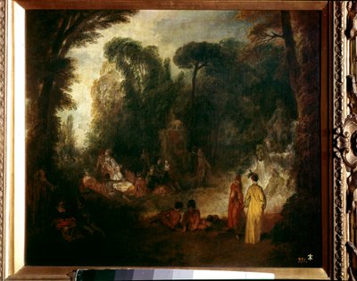 Buli a parkban Piknik, beszélgetés és séta az erdőben. Jean Antoine Watteau (1684-1721) festménye, 1712-1713 körül. Olajfestmény. Mérete: 48x55 cm. Madrid, Prado Múzeum alkotó: Jean Antoine Watteau