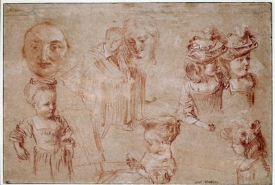 Pierrot maszkja, öt lány mellszobra, egy férfi kendő és egy női arc. Jean Antoine Watteau (1684-1721) véres és krétás sövény rajza 18. századi nap. 0,27x0,4 m Párizs, Musee du Louvre alkotó: Jean Antoine Watteau