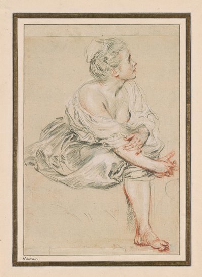 Ülő fiatal nő, c. 1716 (fekete, piros és fehér kréta papíron) alkotó: Jean Antoine Watteau