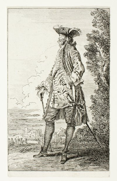 Álló férfi kalapos, balra néző, a Figures de Modes-ból alkotó: Jean Antoine Watteau