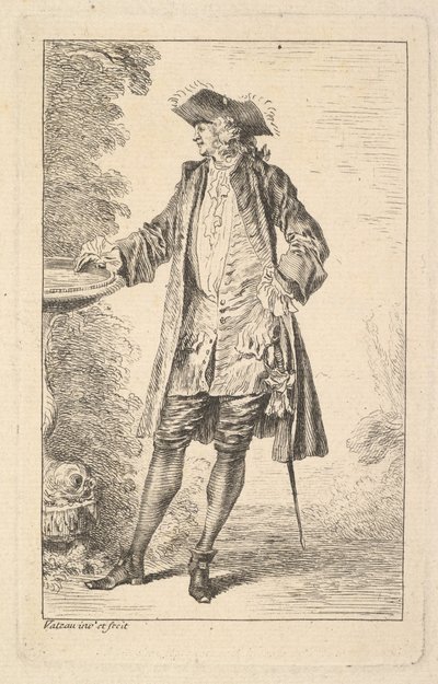 Álló férfi, jobb kezével egy medencén nyugszik, háromnegyedes nézetben..., kb. 1710. alkotó: Jean Antoine Watteau