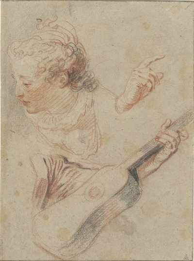 Tanulmányi lap lehajtott lányfejjel, gitárral és a rajtuk játszó kezekkel alkotó: Jean Antoine Watteau