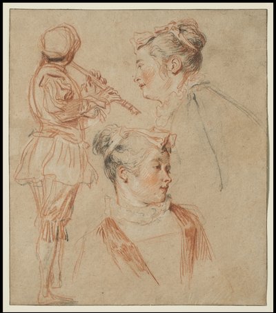 Tanulmányok egy fuvolaművészről és két nőről, 1717 körül alkotó: Jean Antoine Watteau