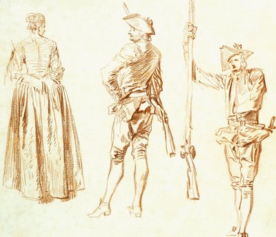 Tanulmány egy fiatal nőről és két vadászról, 1712-13 alkotó: Jean Antoine Watteau