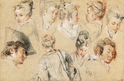 Jean-Antoine Watteau (1684-1721) tanulmánya a fejekről, rajz alkotó: Jean Antoine Watteau
