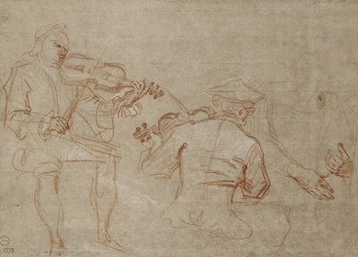 Tanulmány két hegedűsről és egy pár kézről, karban tartva (piros és fehér kréta a papíron) alkotó: Jean Antoine Watteau