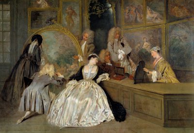 A választás. Gersaint jelének jobb részlete. Karakterek egy művészeti boltban, akik kiválasztják a megvásárolni kívánt műveket. Edme Francois Gersaint (1694-1750), festménykereskedő, akinek galériája Párizsban, a Notre-Dame hídon található. Jean Antoine Wa alkotó: Jean Antoine Watteau