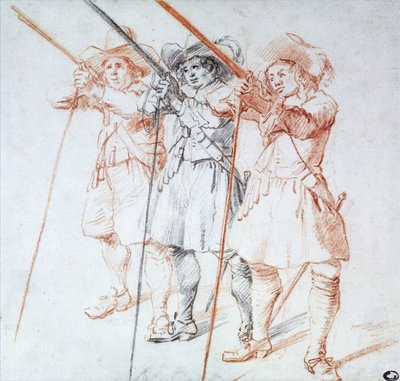 Három Arquebusier, 1712 (fekete-piros kréta papíron) alkotó: Jean Antoine Watteau