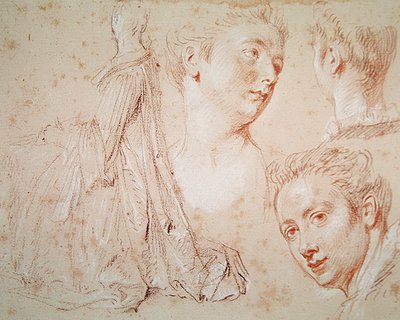 Három fej és egy ülő nő, 1716 körül (papírkréta fekete-piros krétával) alkotó: Jean Antoine Watteau