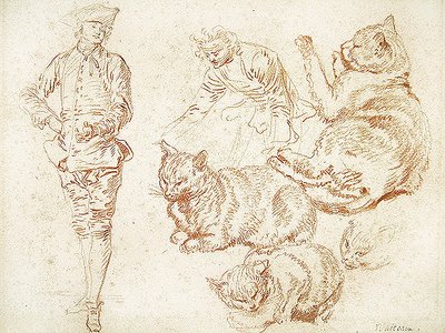 Két férfi és négy macska (vörös kréta, papír) alkotó: Jean Antoine Watteau