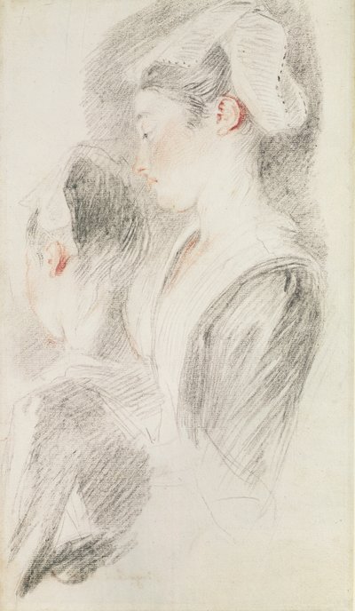 Két tanulmány egy nőről, háromnegyedik hátulról, az egyik profilban (szangvin és fekete kréta, papír) alkotó: Jean Antoine Watteau