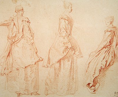 Három nő, egy ül a jobb oldalon (piros kréta papíron) alkotó: Jean Antoine Watteau