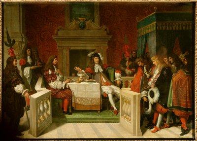 XIV. Lajos és Moliere: XIV. Lajos király (1638-1715) és Jean Baptiste Poquelin dit Moliere (1622-1673) asztalnál az udvaroncok előtt. Jean Auguste Dominique Ingres (1780-1867) festménye alkotó: Jean Auguste Dominique Ingres