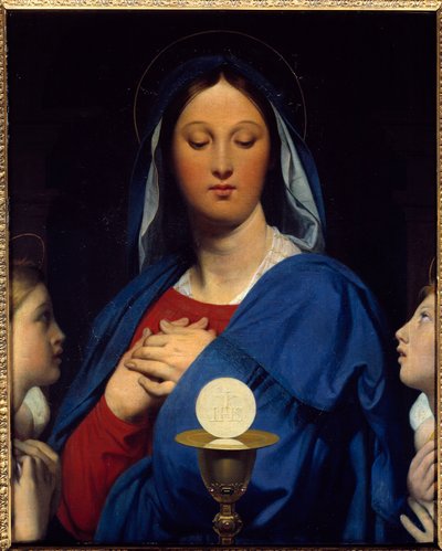 A szűznek van gazdája. A közösség szimbólumai: Az Eucharisztia tárgya (a sereg mint Krisztus teste és a kehely bora mint az ő vére). Jean Auguste Dominique Ingres (1780-1867) festménye alkotó: Jean Auguste Dominique Ingres