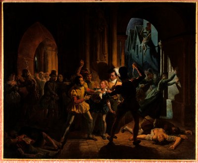 Bethune-i Maximilian megszökik Saint Barthelemy mészárlása elől. Bethune-i Maximilian (aki Sully hercege lett 1559-1641-ben), a párizsi burgundiai főiskolán nevelkedett, Navarrai Henrik (1553-1610) (akkori IV. Henrik király) megmentette, és társa lett. alkotó: Jean Auguste Dubouloz