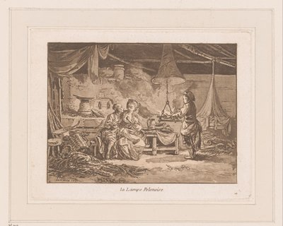 Egy pajta belseje, két figurával a padon és egy emberrel a tűz mellett Lampe Polonoise (cím a tárgyon) alkotó: Jean Baptist Leprince