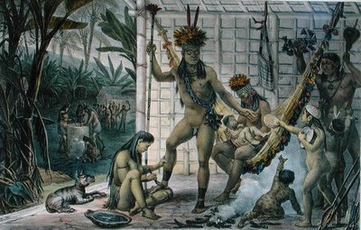 Fesztiválra készülő camacan indián főnök családja, illusztráció a „Voyage Pittoresque et Historique au Bresil” című könyvéből, Jean-Baptise Debret (1768-1848), kiadva Párizsban alkotó: Jean Baptiste (after) Debret