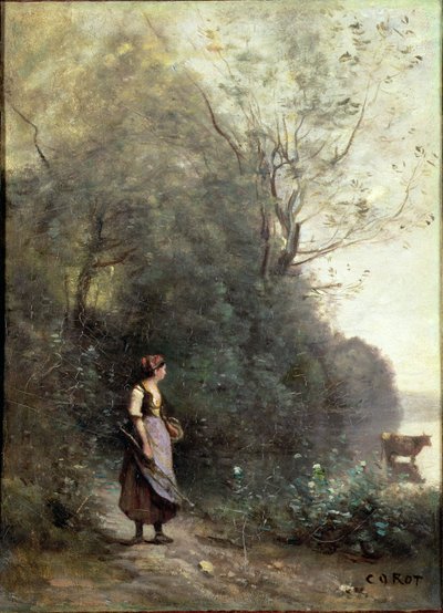 Egy tehenet legeltető parasztasszony az erdő szélén, 1865-70 alkotó: Jean Baptiste Camille Corot