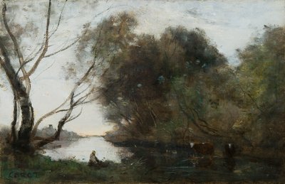 Tó: lenyugvó nap, 1820-1860. alkotó: Jean Baptiste Camille Corot