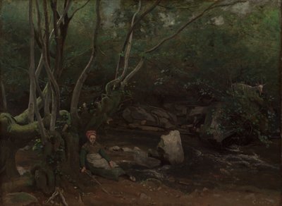 Lormes: Kecskelány ül a patak mellett az erdőben alkotó: Jean Baptiste Camille Corot